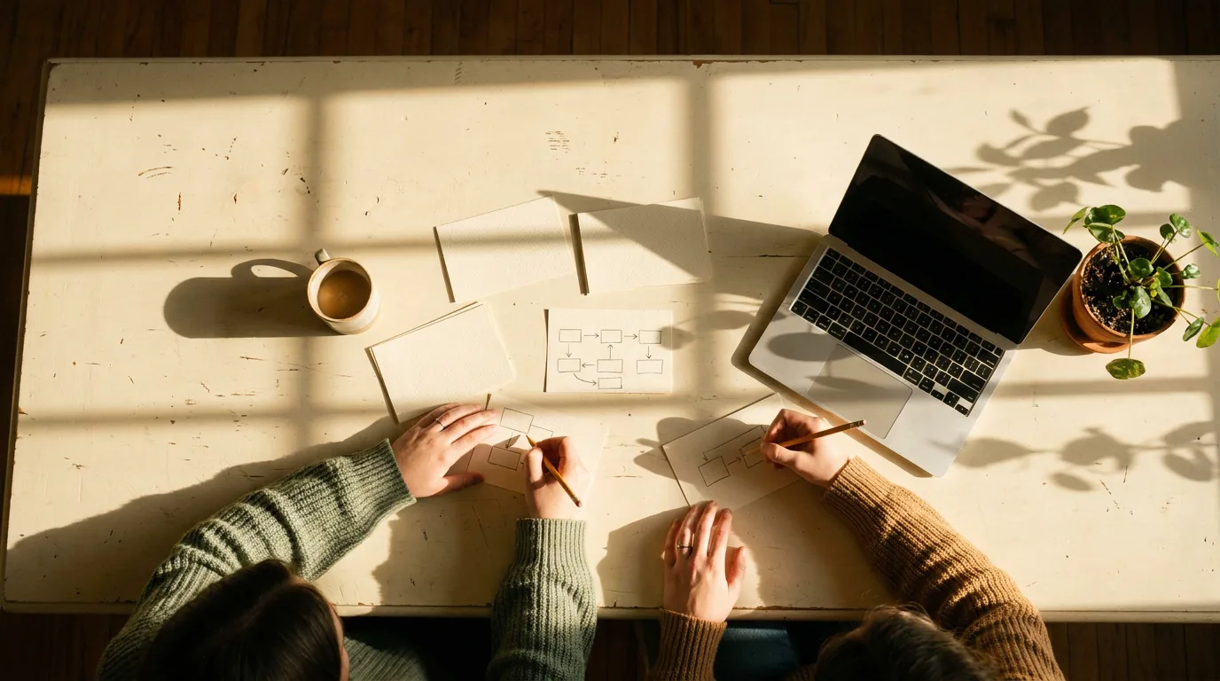Two people at a sunlit table sketching a workflow on paper cards next to a laptop