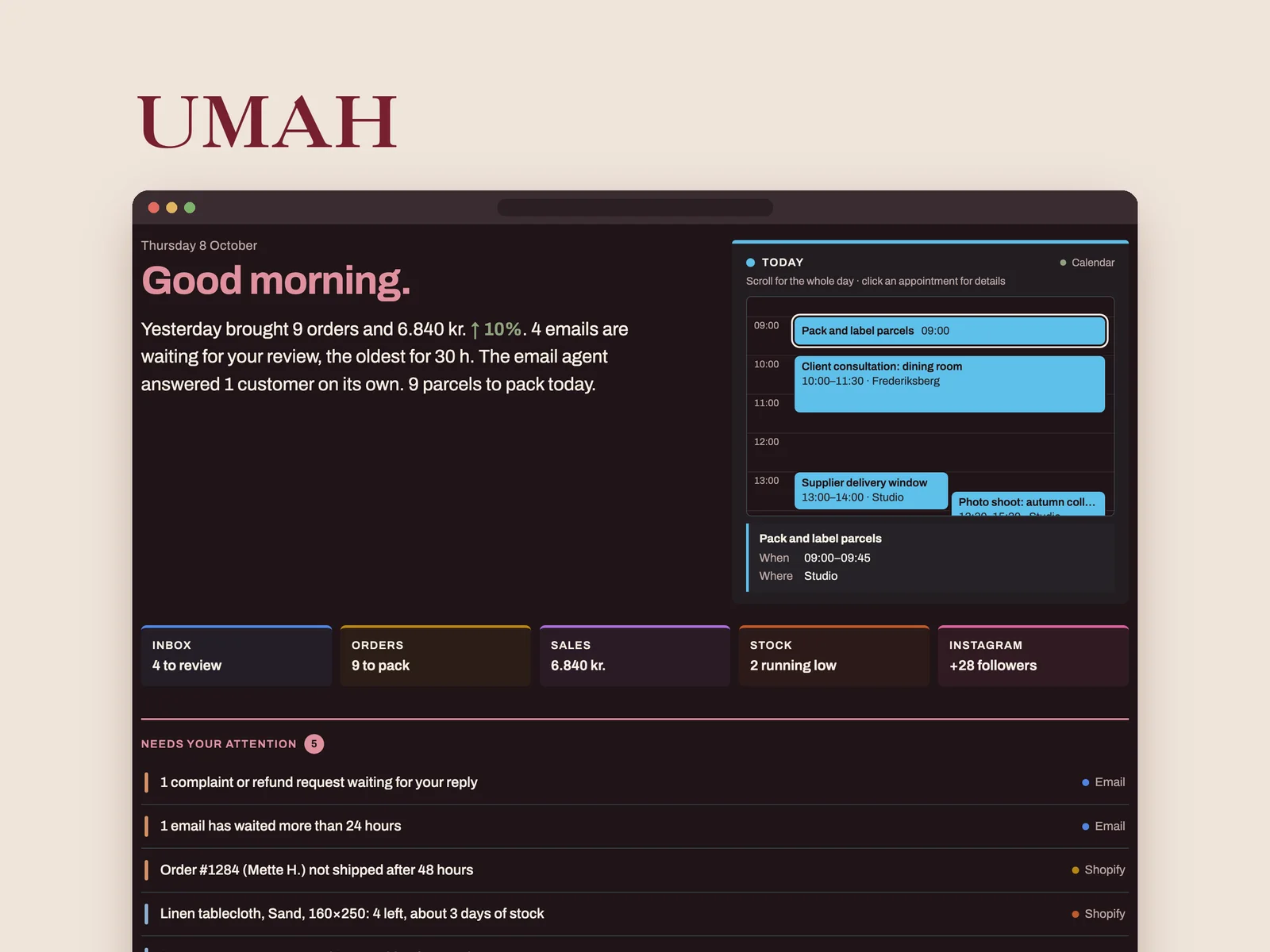 The Umah daily dashboard: a morning summary of orders and emails, today's calendar, five status tiles for inbox, orders, sales, stock and Instagram, and a list of items that need attention